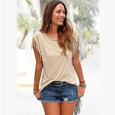 Short sleeve cuffs tassel T-shirt