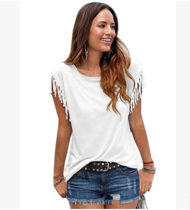 Short sleeve cuffs tassel T-shirt