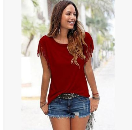 Short sleeve cuffs tassel T-shirt