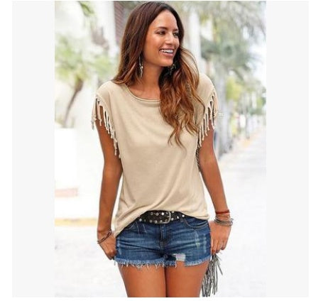 Short sleeve cuffs tassel T-shirt