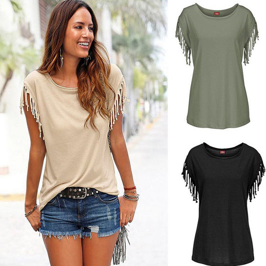 Short sleeve cuffs tassel T-shirt