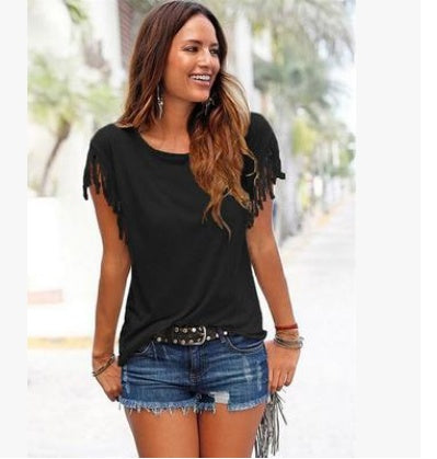 Short sleeve cuffs tassel T-shirt