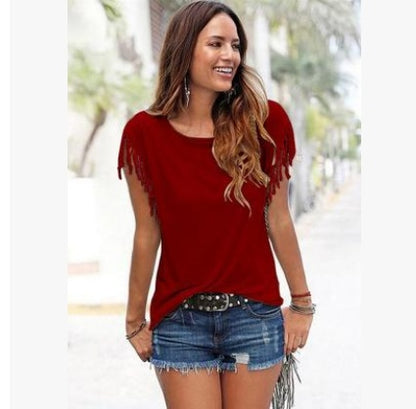 Short sleeve cuffs tassel T-shirt