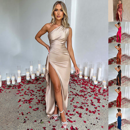 Burma Women's Cocktail Wedding Party Dress | One Shoulder, High Split, Maxi
